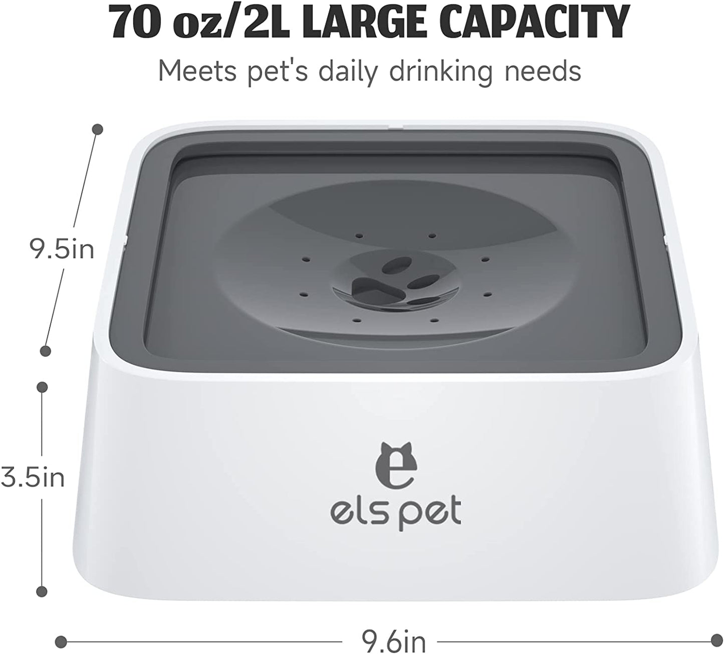 No Spill Slow Water Feeder - Large Capacity 70Oz/2L Travel Bowl for Dogs & Cats Anti-Gulping, Keeps Floor & Beard Dry, Dishwasher Safe, Activated Carbon Filter Included (Grey)